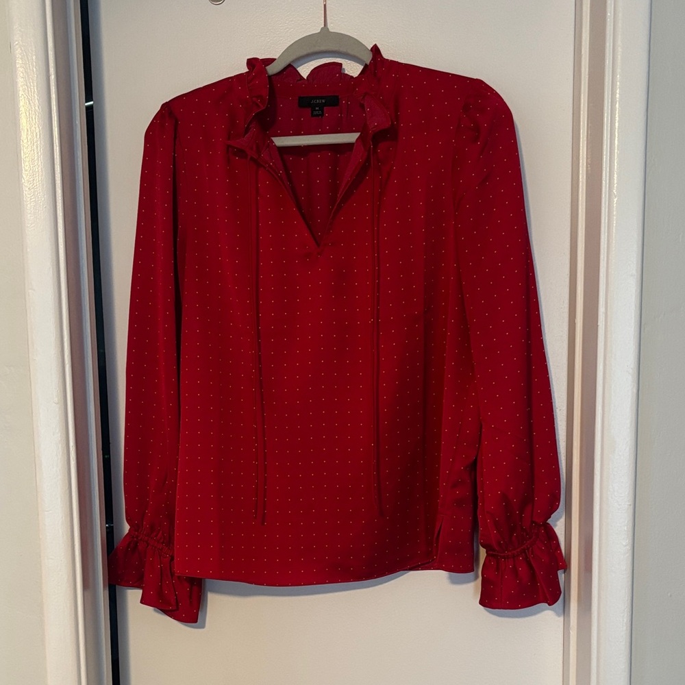 J. Crew Red Polka Dot Blouse with Ruffle Trim